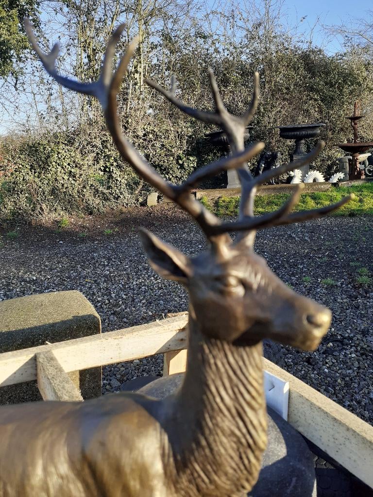 HERT LIGGEND IN BRONZEN BORD OP MARMEREN SOKKEL, Antiek en Kunst, Ophalen of Verzenden, Brons