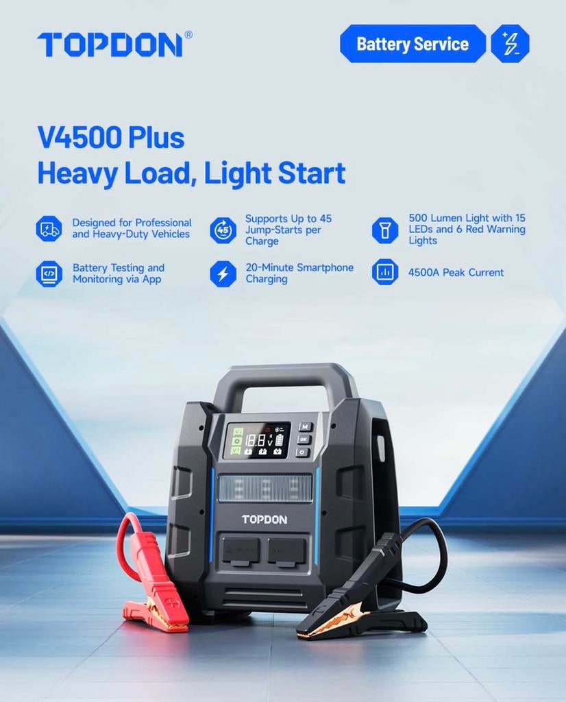 Topdon V4500+ Jumpstarter & accu tester in 1, Auto diversen, Jumpstarters, Ophalen of Verzenden