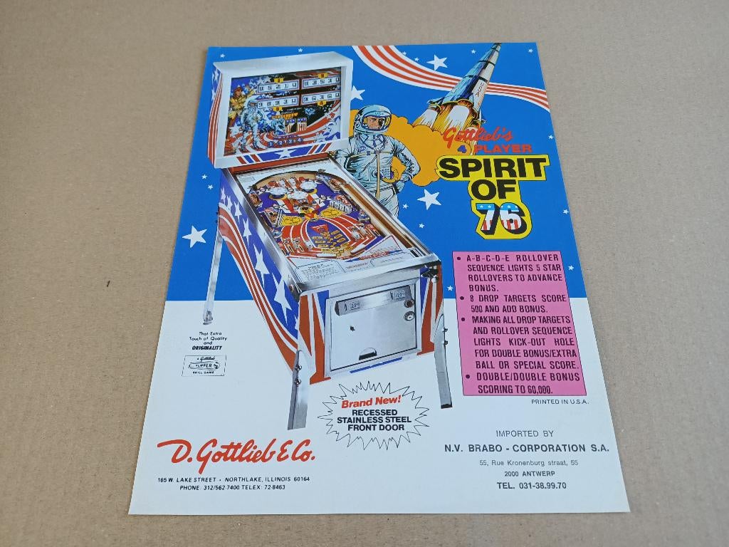 Flyer: Gottlieb Spirit Of 76 (1975) Flipperkast, Verzamelen, Automaten | Flipperkasten, Verzenden, Flipperkast, Gottlieb