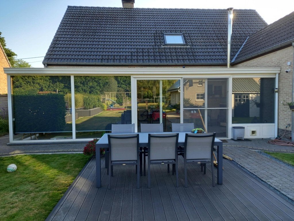 VERANDA crèmekleurig 2 zijden met grote schuifdeur., Tuin en Terras, Ophalen, Gebruikt, Metaal, Overige typen
