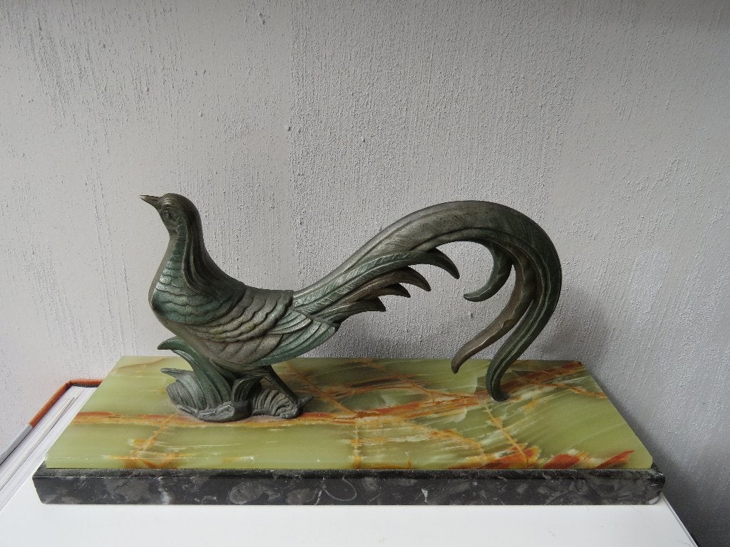 Faisan Art Déco sur socle en marbre et onyx, Enlèvement ou Envoi