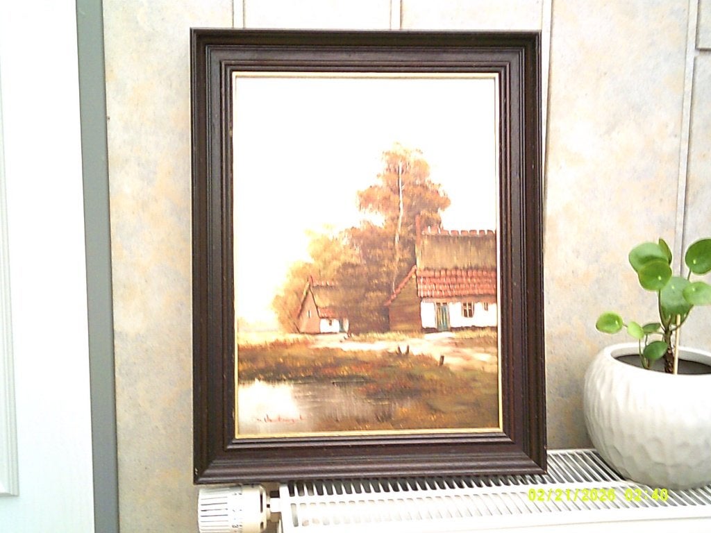 Landschap schilderij op doek met kader.ZGST., Doek, Ophalen of Verzenden, Landschap, Olieverf