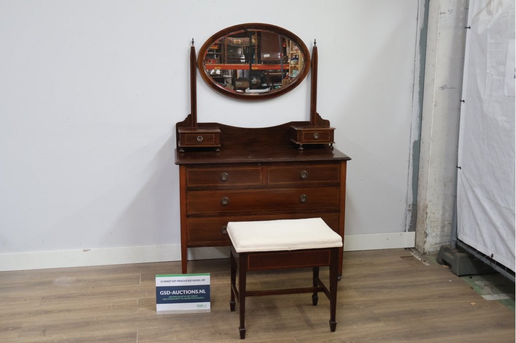 Antieke kaptafel met spiegel en krukje, Maison & Meubles, Tables | Coiffeuses, Enlèvement ou Envoi, Niet ingevuld, Niet ingevuld