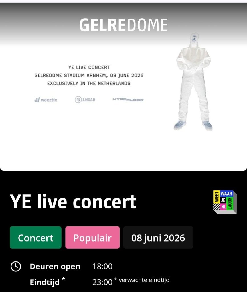 Ye concert Gelredome le 8 juin (1 billet) Sièges d'affaires, Une personne, Juin