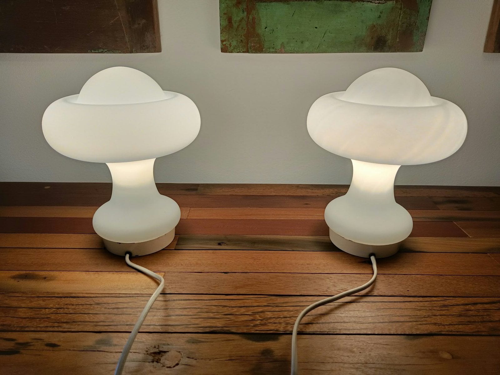 Paire de Lampes "Atomic Mushroom" Space Age (70s), Maison & Meubles, Blanc, Enlèvement, Comme neuf, Verre
