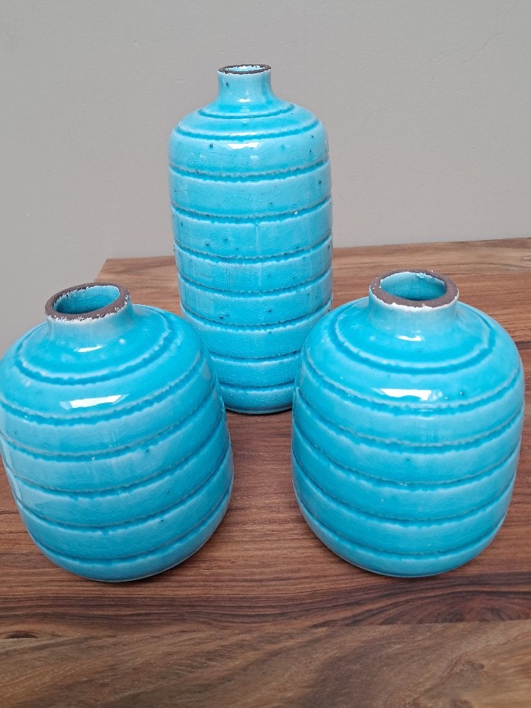 3 turquoise keramiek vazen (zie foto's), Maison & Meubles, Accessoires pour la Maison | Vases, Enlèvement, Neuf, Bleu, Pierre/céramique
