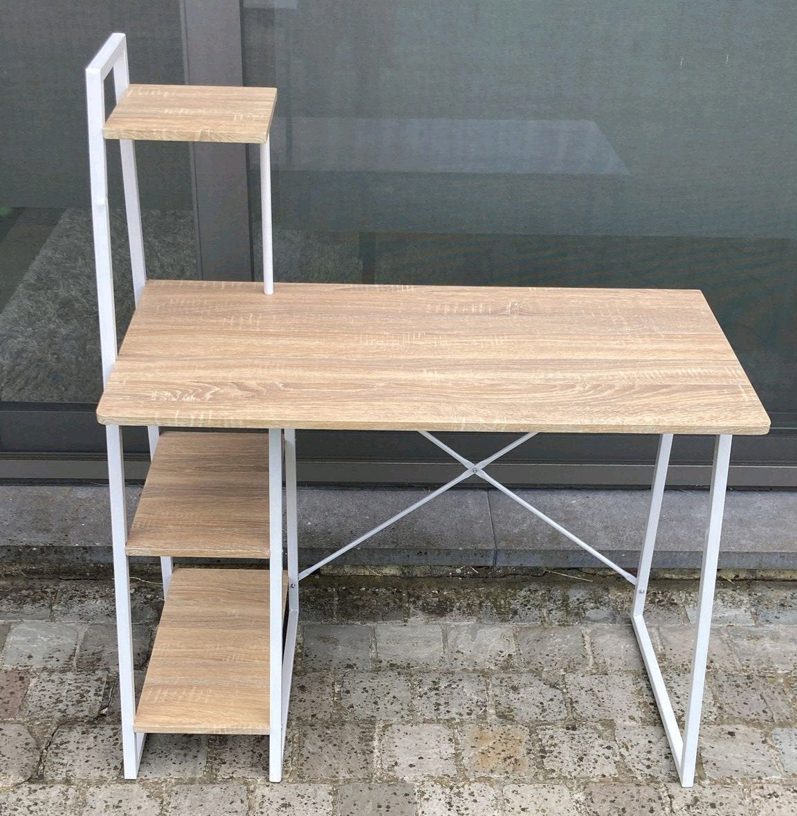 Modern bureau 99x50x118 cm - Wit metaal/Houtlook, Autres marques, 50 cm, Comme neuf, Bureau-armoire combiné