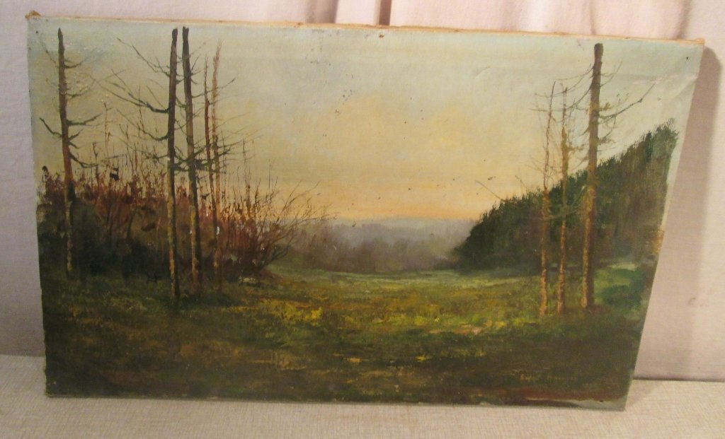 Belle œuvre peinte ancienne 'Arbres et Prairie'  signée 1935, Antiquités & Art, Daté, Enlèvement ou Envoi, Peinture à l'huile