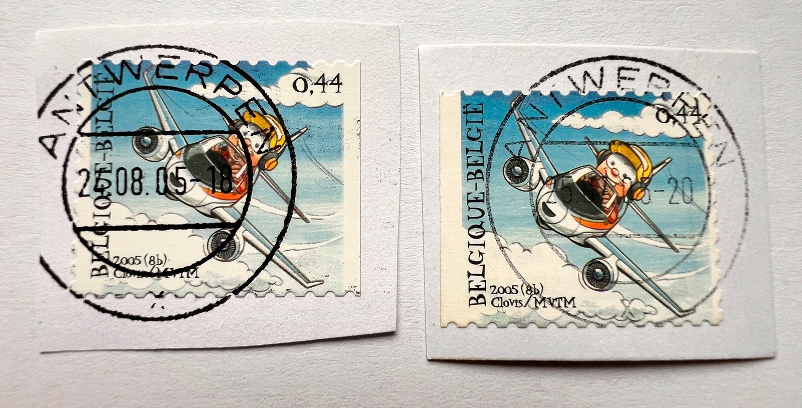 2 Belgische postzegels 0,44 vliegtuig Clovis MVM Antwerpen, Enlèvement, Affranchi, Avions