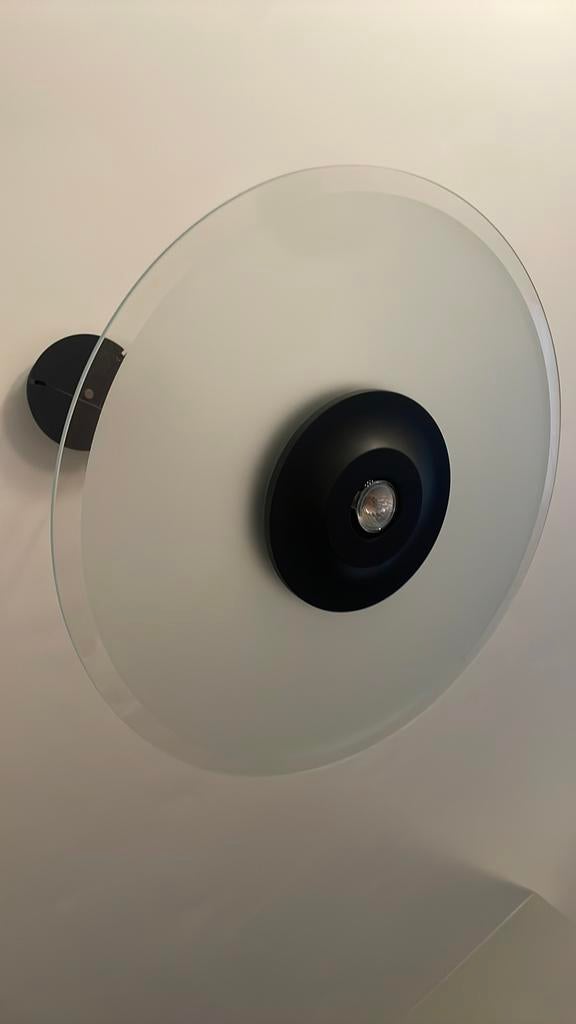 Plafondlamp rond glazen schijf onderaan fijn gezandstraald, Ophalen, Zo goed als nieuw, Glas