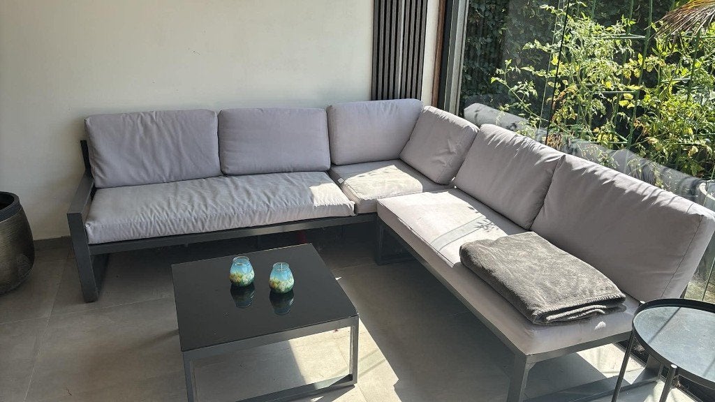 grijze Lounge met tafeltje, Enlèvement, Utilisé, Aluminium, Sets de jardin