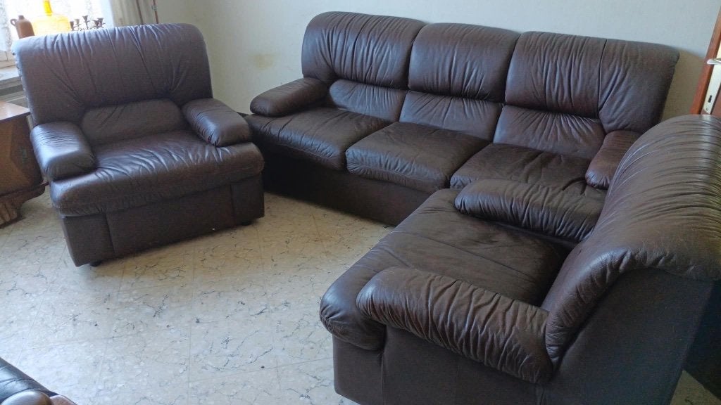 lederen salonset – hoekzetel + fauteuil  2 stuk– donkerbruin, Ophalen, Zo goed als nieuw, Leer