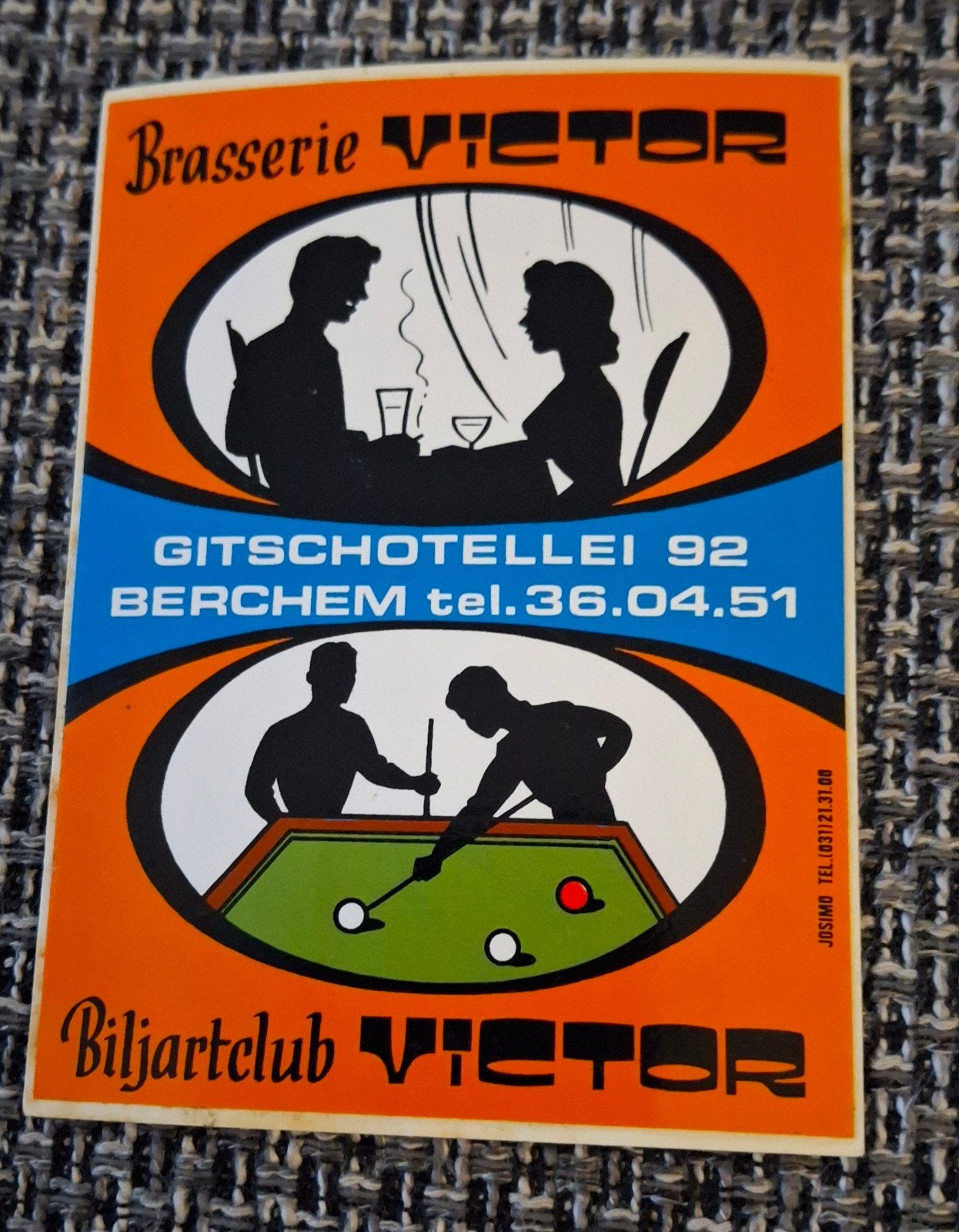 Vintage sticker café biljart club Victor Berchem, Ophalen of Verzenden, Zo goed als nieuw, Bedrijf of Vereniging