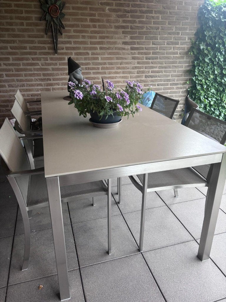 Tuinset Royal Botania met 8 stoelen – zeer goede staat, Tuin en Terras, Ophalen, Zo goed als nieuw, Rechthoekig, Rvs