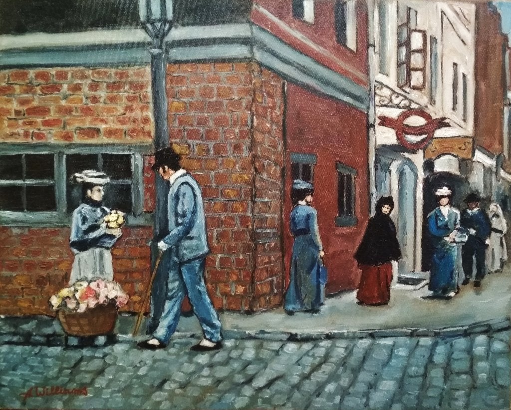 « Dans la vieille ville. Fille aux fleurs. », Antiquités & Art, Peinture à l'huile, Autres styles, Paysage urbain / rural, Signé