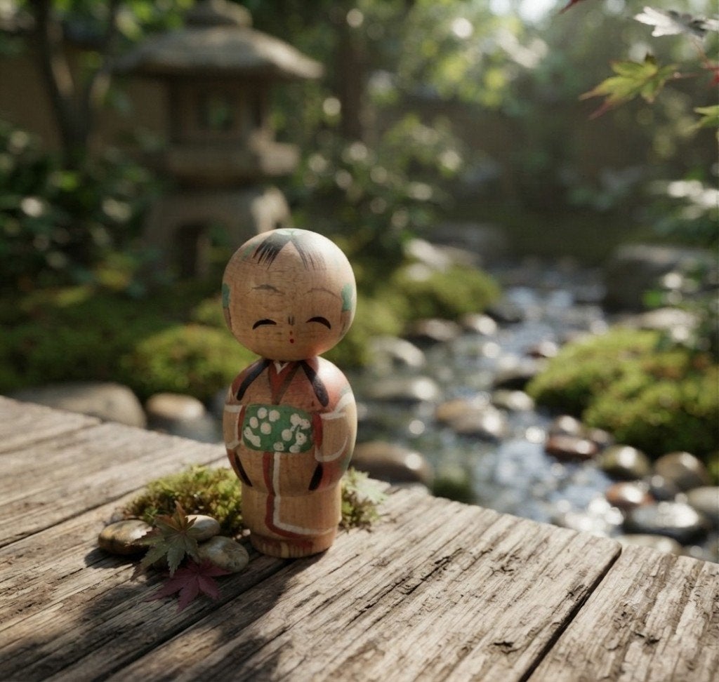 La jolie et timide Sosaku Kokeshi, Antiquités & Art, Fait main, Japon, Bois, Multicolore