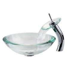 Waskom blank glas met hoge Watervalkraan 42 cm rond, Doe-het-zelf en Bouw, Sanitair, Verzenden, Nieuw, Glas, Kraan