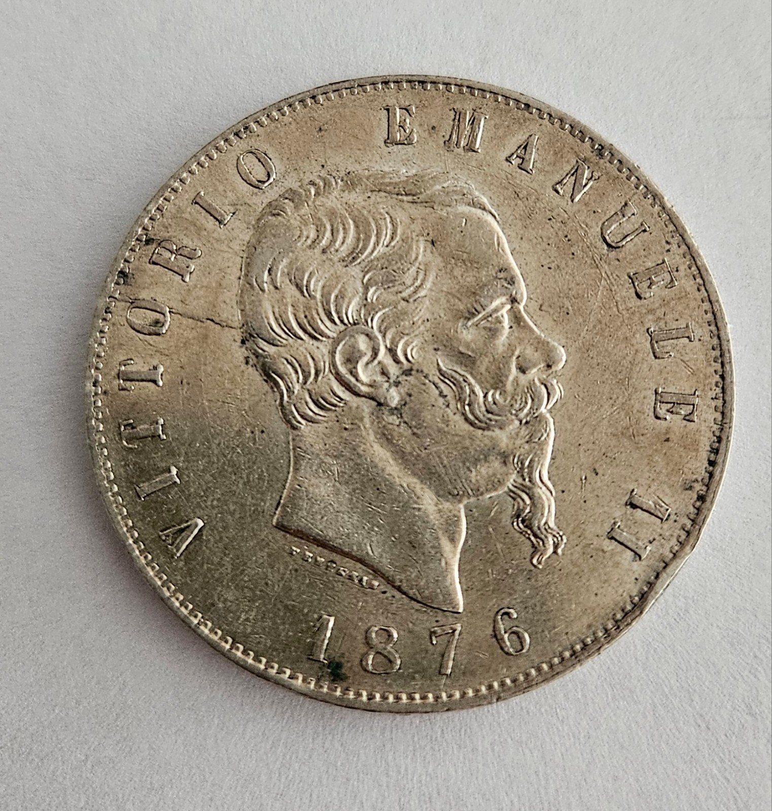 Italia – 5 Lire 1876 Vittorio Emanuele II (zilver), Postzegels en Munten, Munten | Amerika, Ophalen of Verzenden, Zilver