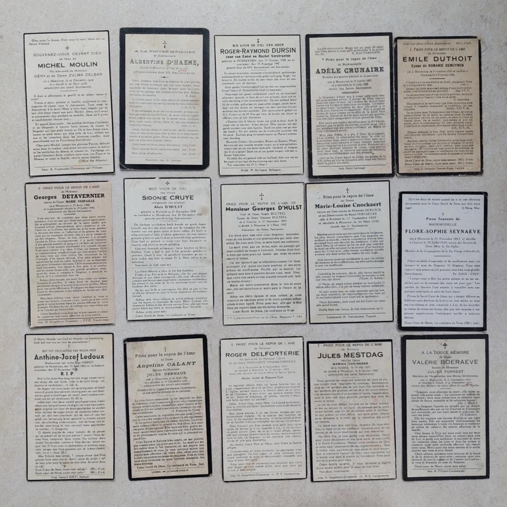 Lot van 15 bidprentjes uit Mouscron, periode 1925-1950, Ophalen of Verzenden