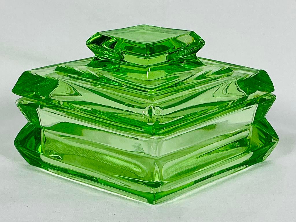 Boite verre dépression vert uranium design art déco ancien, Enlèvement ou Envoi