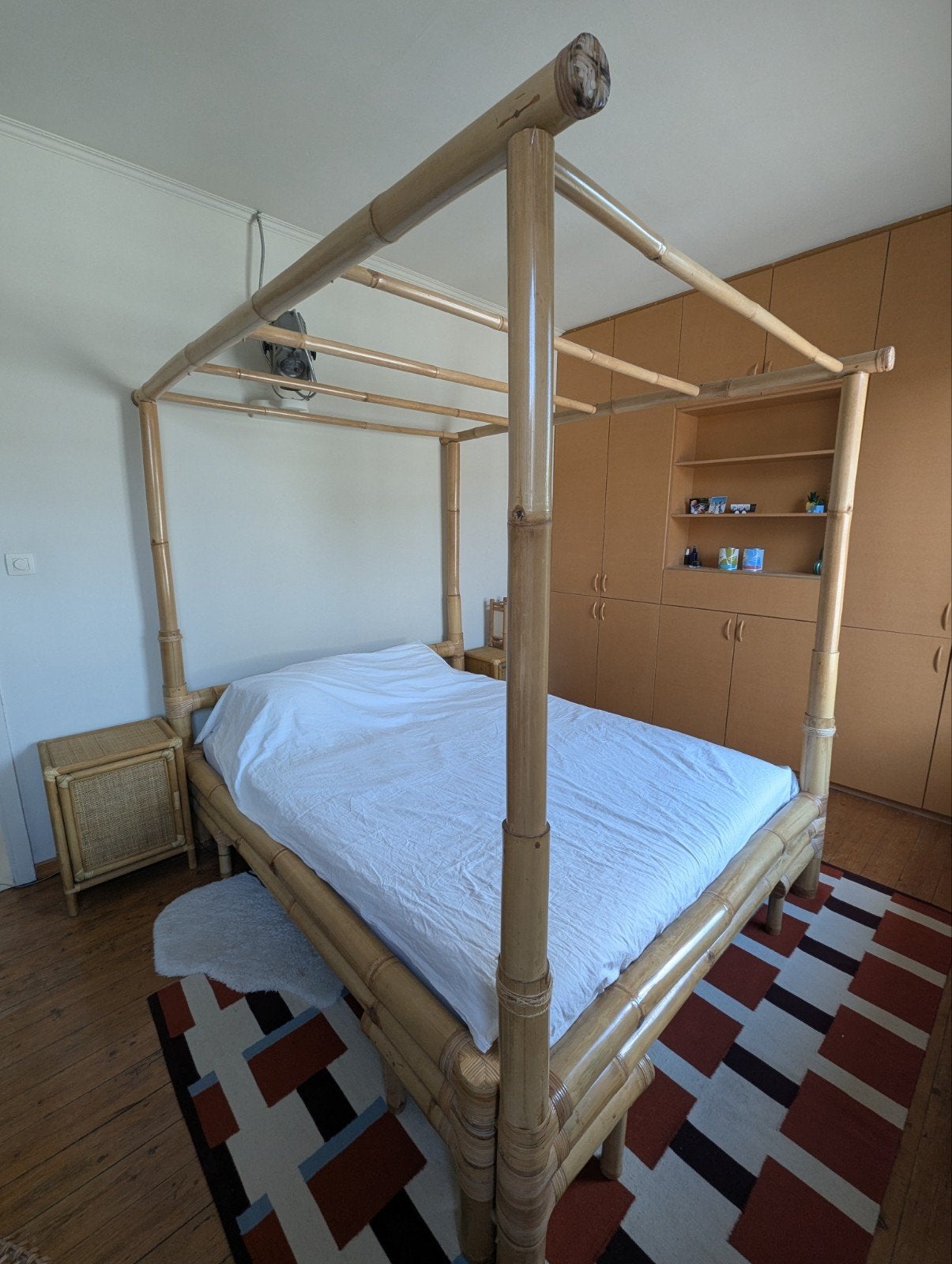 Bamboe hemelbed 160x200, nachtkastjes optioneel, Ophalen, Beige, Tweepersoons, 200 cm