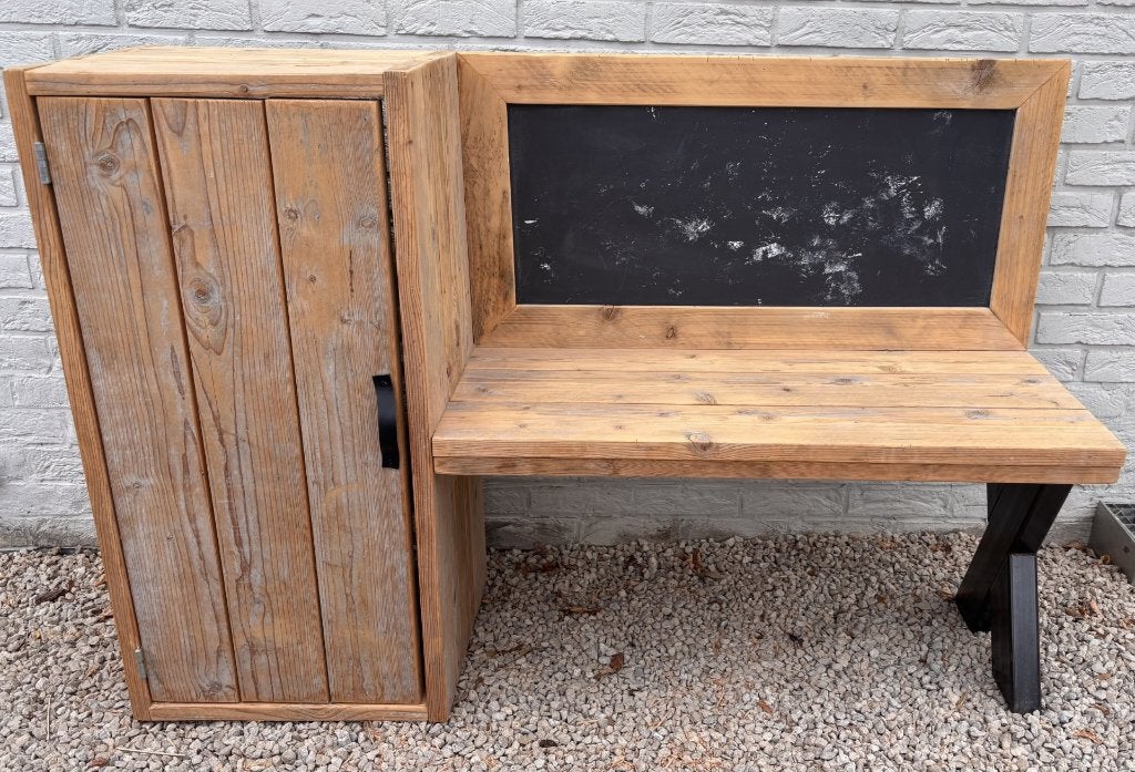 Vintage kinderbureau met ladenkast en krijtbord, Ophalen, Gebruikt, 150 cm, Hout