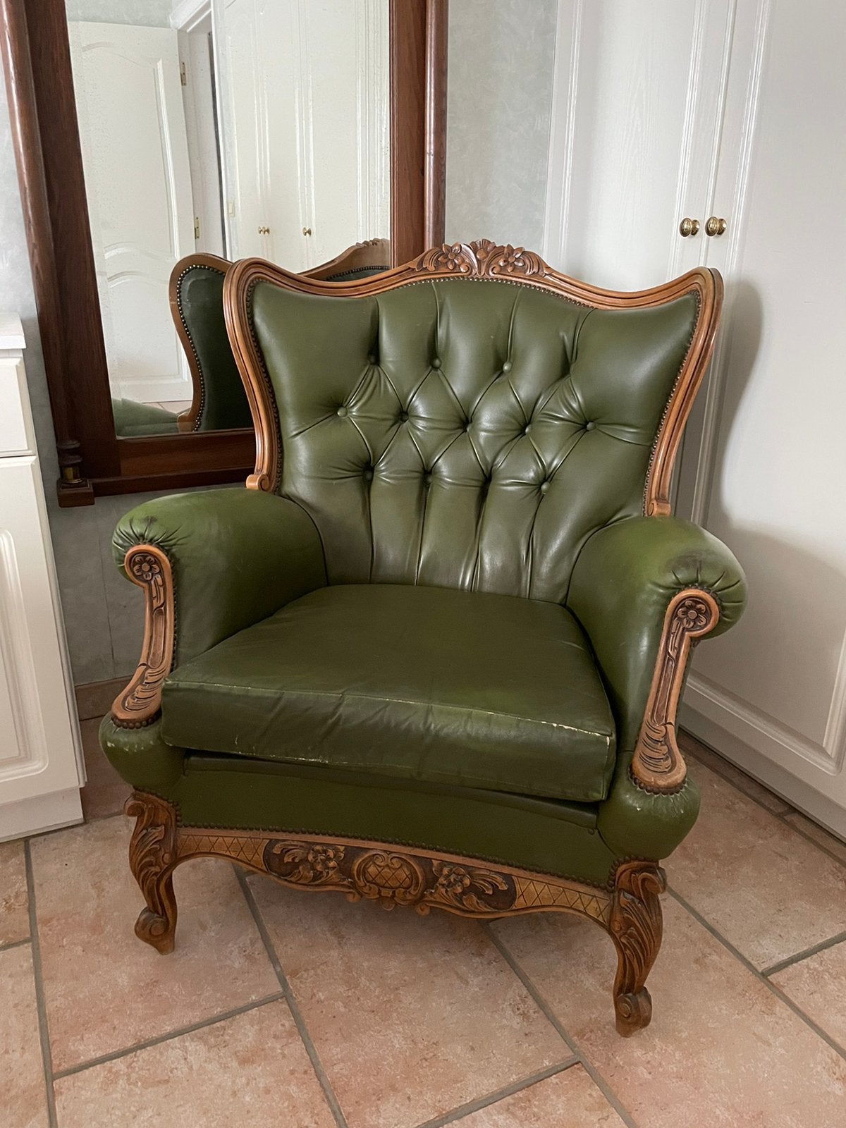Vintage groene leren Louis XV-stijl fauteuil, Ophalen