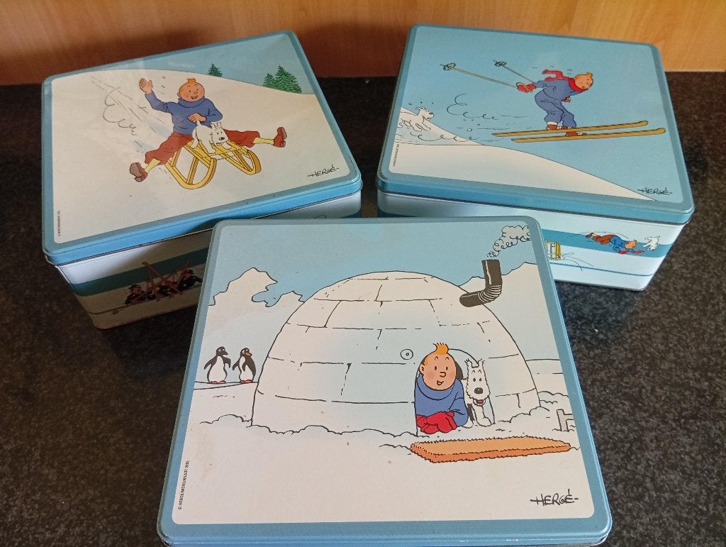 3 boites en métal blanc à l'effigie de Tintin (2003)., Enlèvement ou Envoi, Tintin, Comme neuf, Ustensile