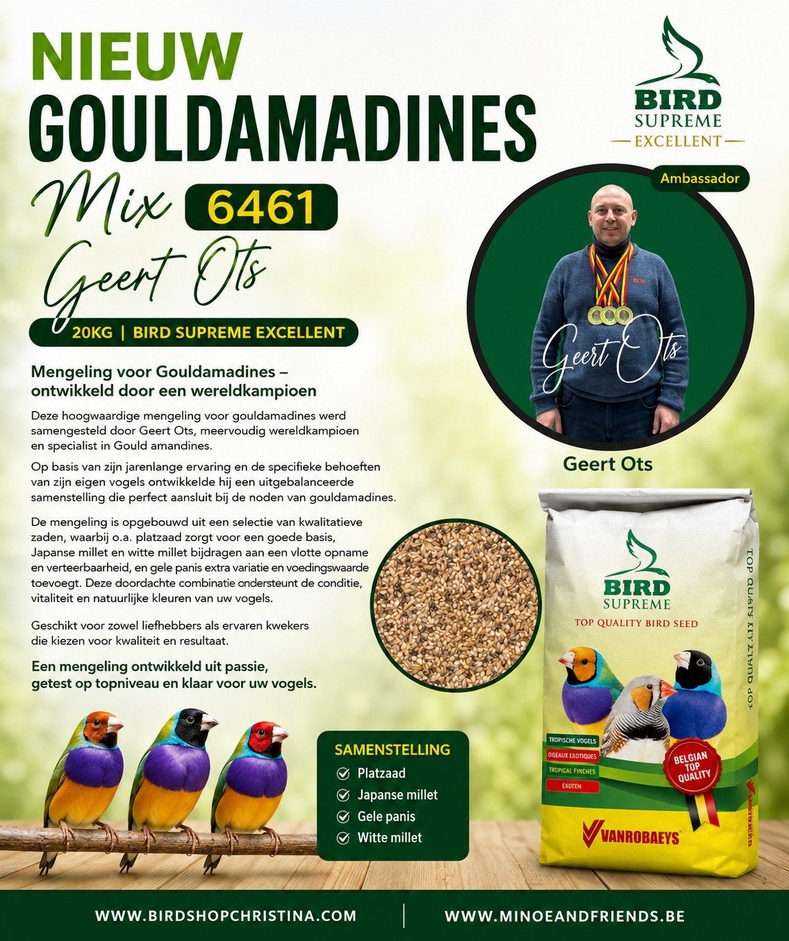 Gouldamadines Mix 6461 Geert Ots 20kg Bird Supreme Excellent, Dieren en Toebehoren, Ophalen, Nieuw, Eten en Drinken