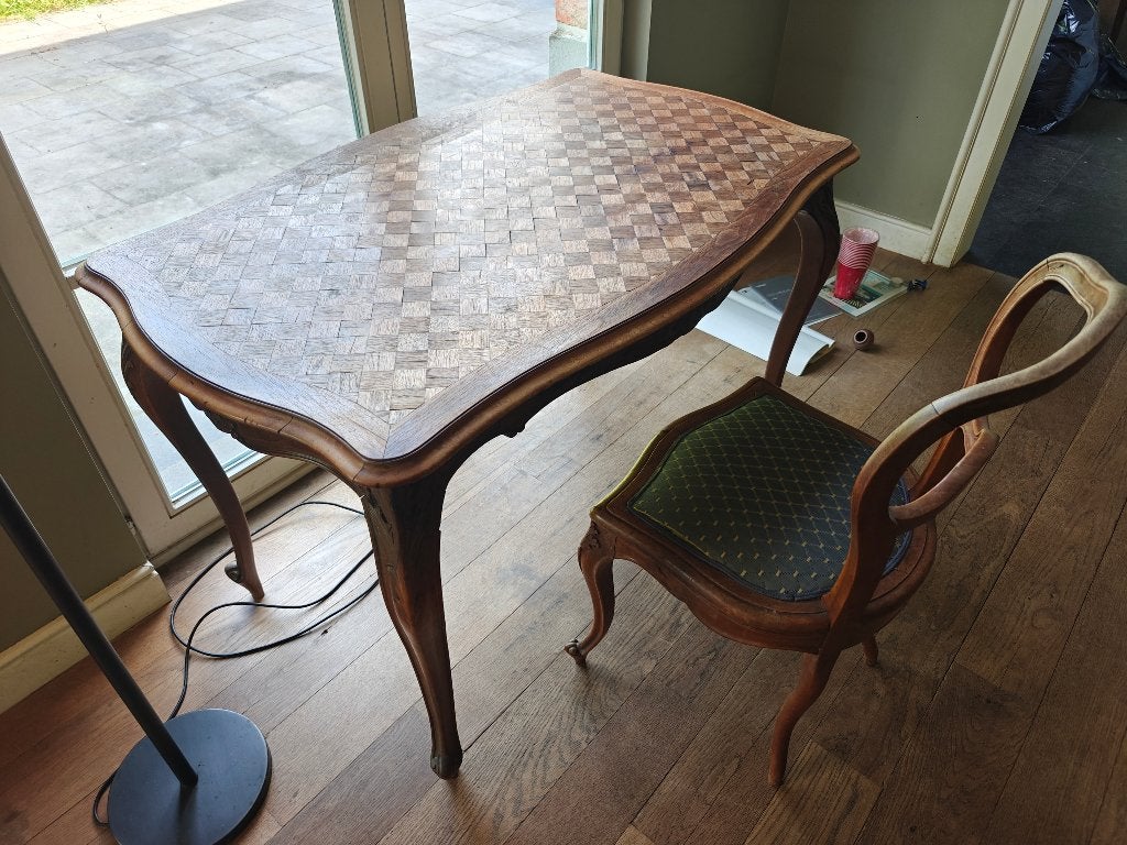 Antieke Franse Bureau / Speeltafel (Eikenhout) + Stoel, Ophalen
