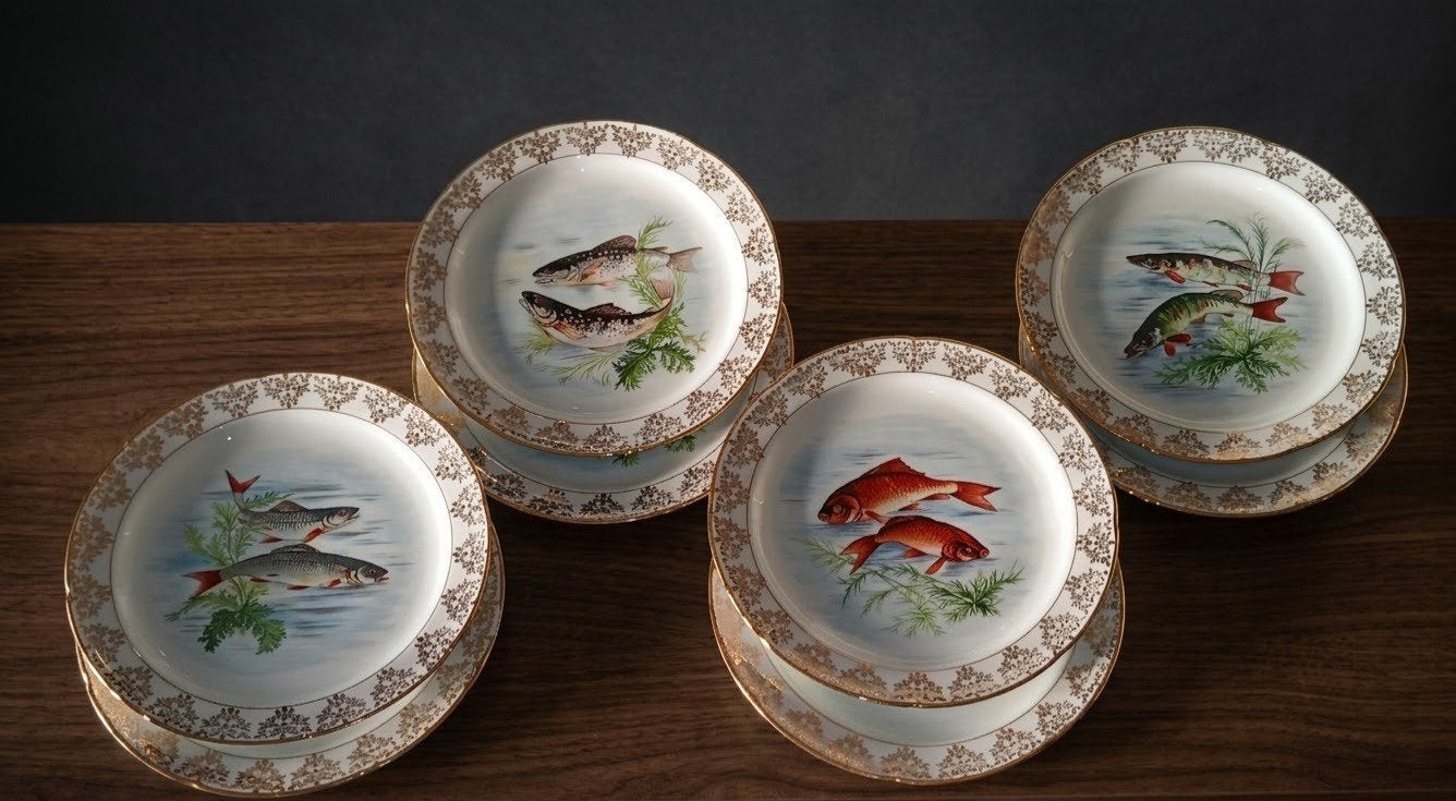 Suite de 10 assiettes à poisson en Porcelaine Véritable, Antiquités & Art, Enlèvement