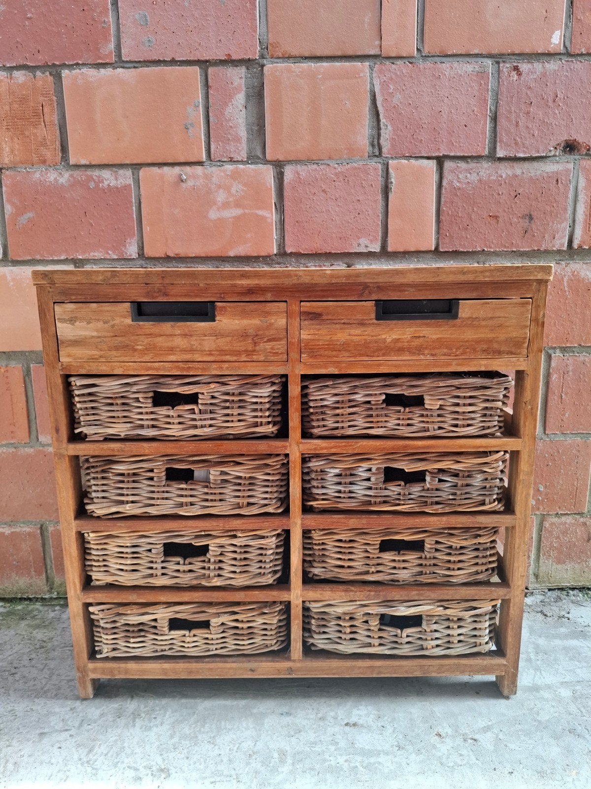 Teak houten ladekast met rieten mandjes, Huis en Inrichting, Ophalen, 5 laden of meer, Teakhout, 50 tot 100 cm