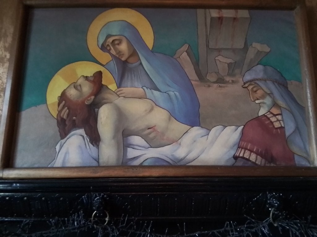 14 delige kruisweg op doek deels te restaureren, Antiek en Kunst, Ophalen, Doek
