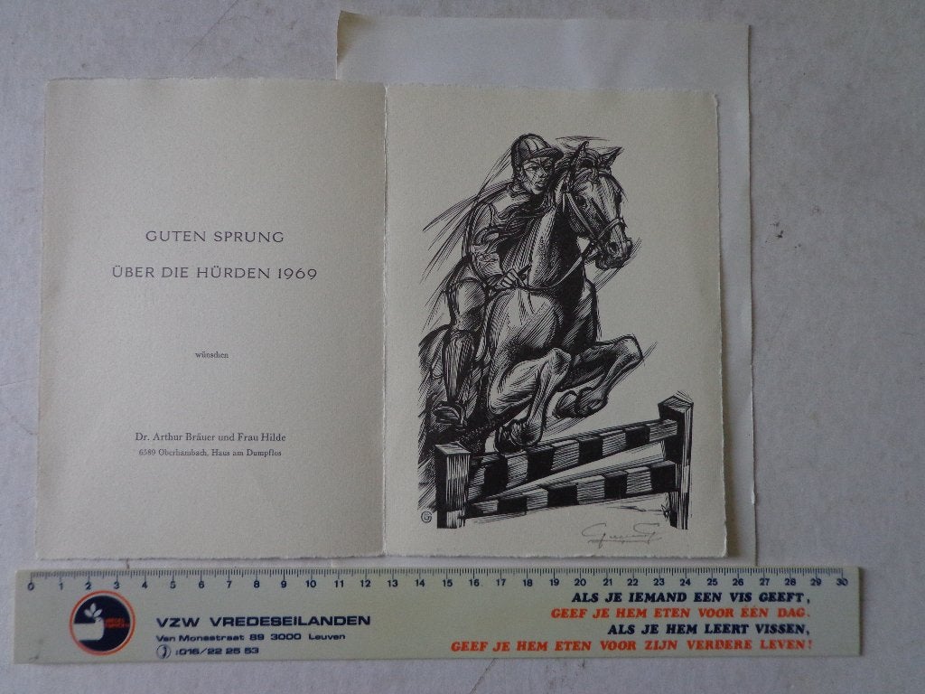 linosnede van Gerard Gaudaen "Paard en springruiter" 1968, Antiek en Kunst, Kunst | Etsen en Gravures, Ophalen of Verzenden, Houtsnede