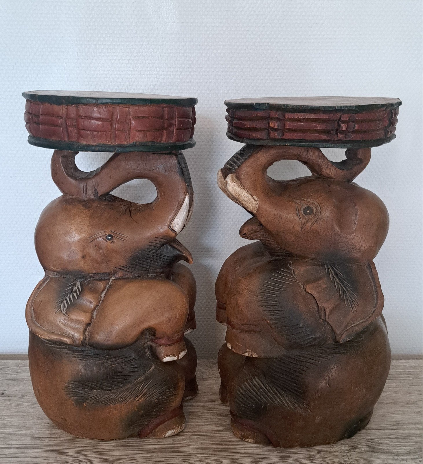 Tabourets porte-plantes bois massif sculpté éléphants, Enlèvement ou Envoi, Bois