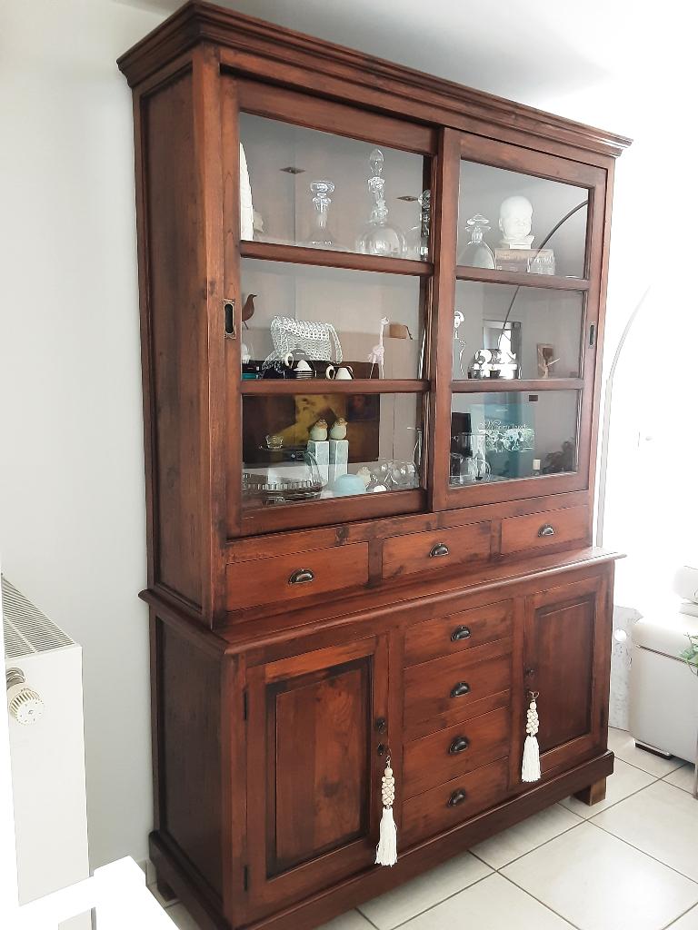Vitrine kast massief in teak hout, Ophalen