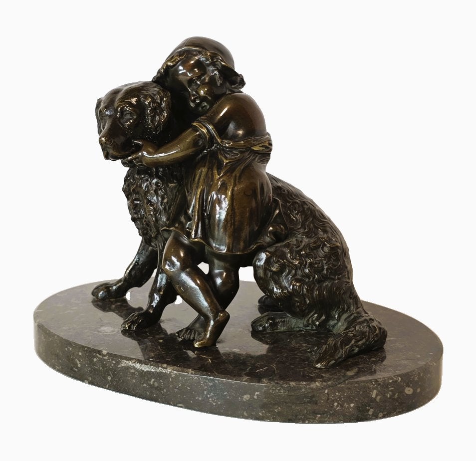 Brons beeld - Meisje met hond., Ophalen of Verzenden, Brons, Beeld, 20 - 50 cm