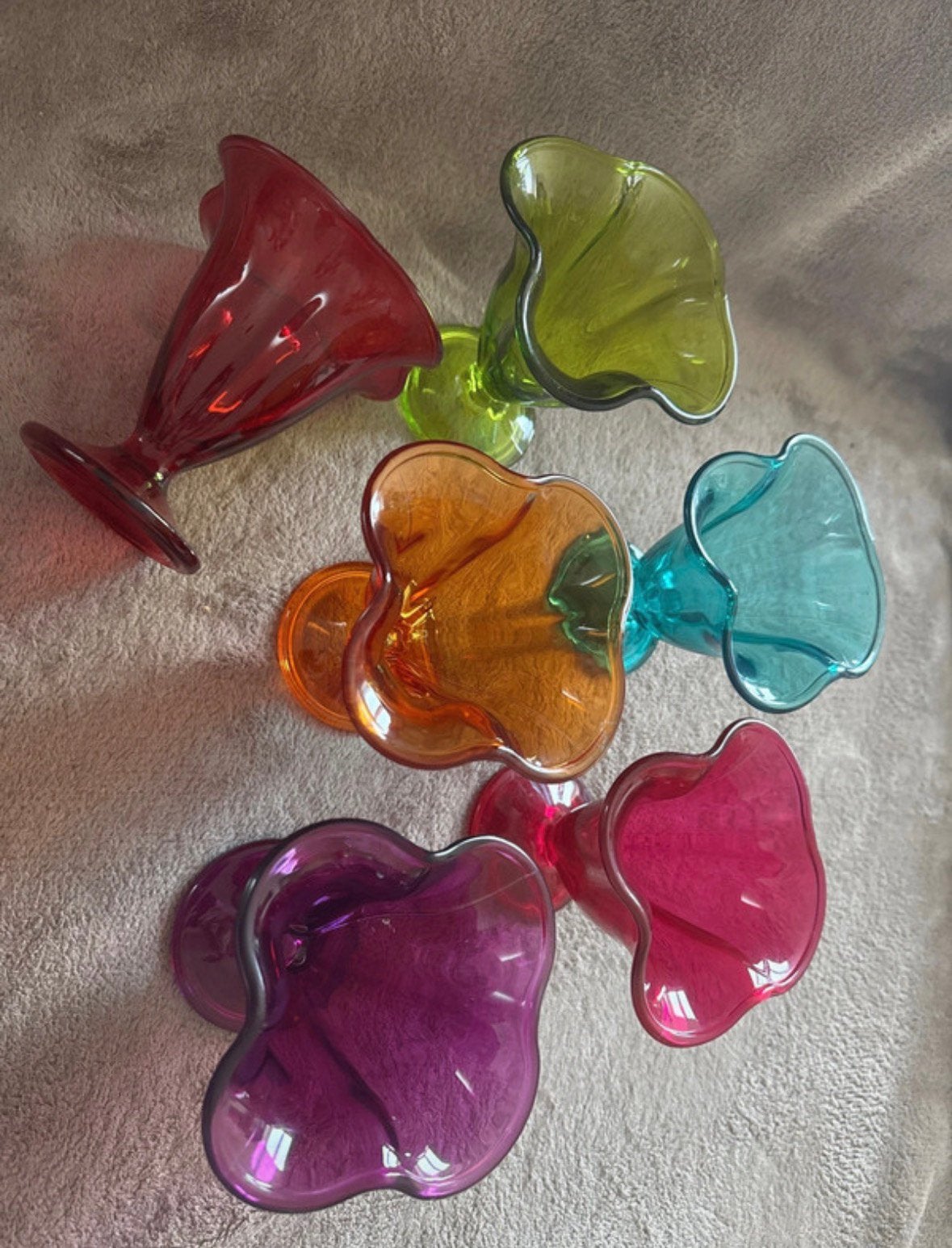Set van 6 kleurrijke glazen dessertcoupes vintage, Ophalen, Zo goed als nieuw, Vintage
