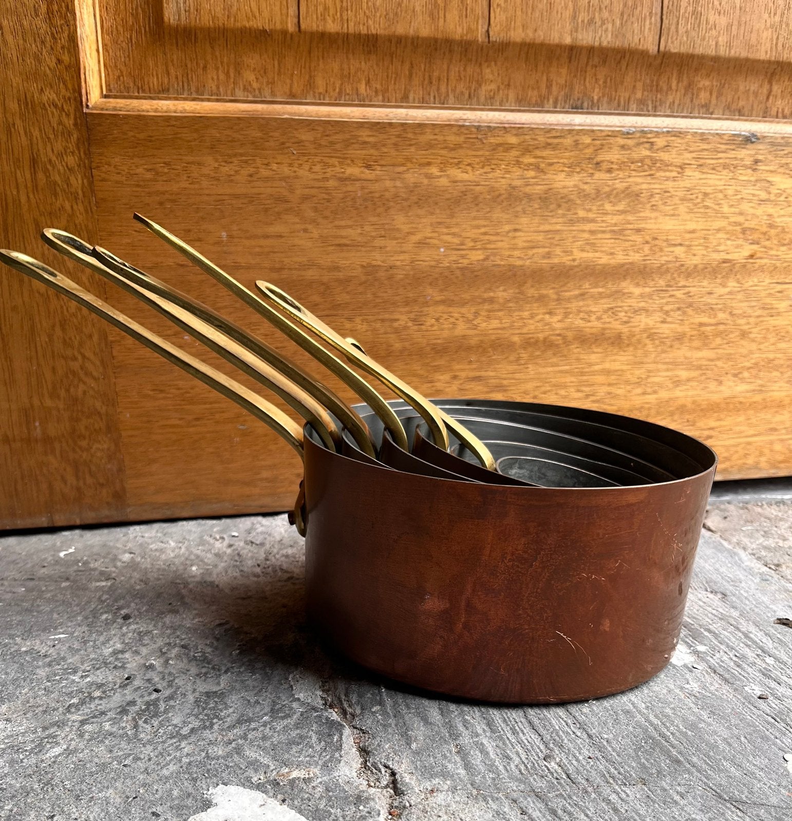 Antieke koperen pannenset, Antiek en Kunst, Ophalen, Koper