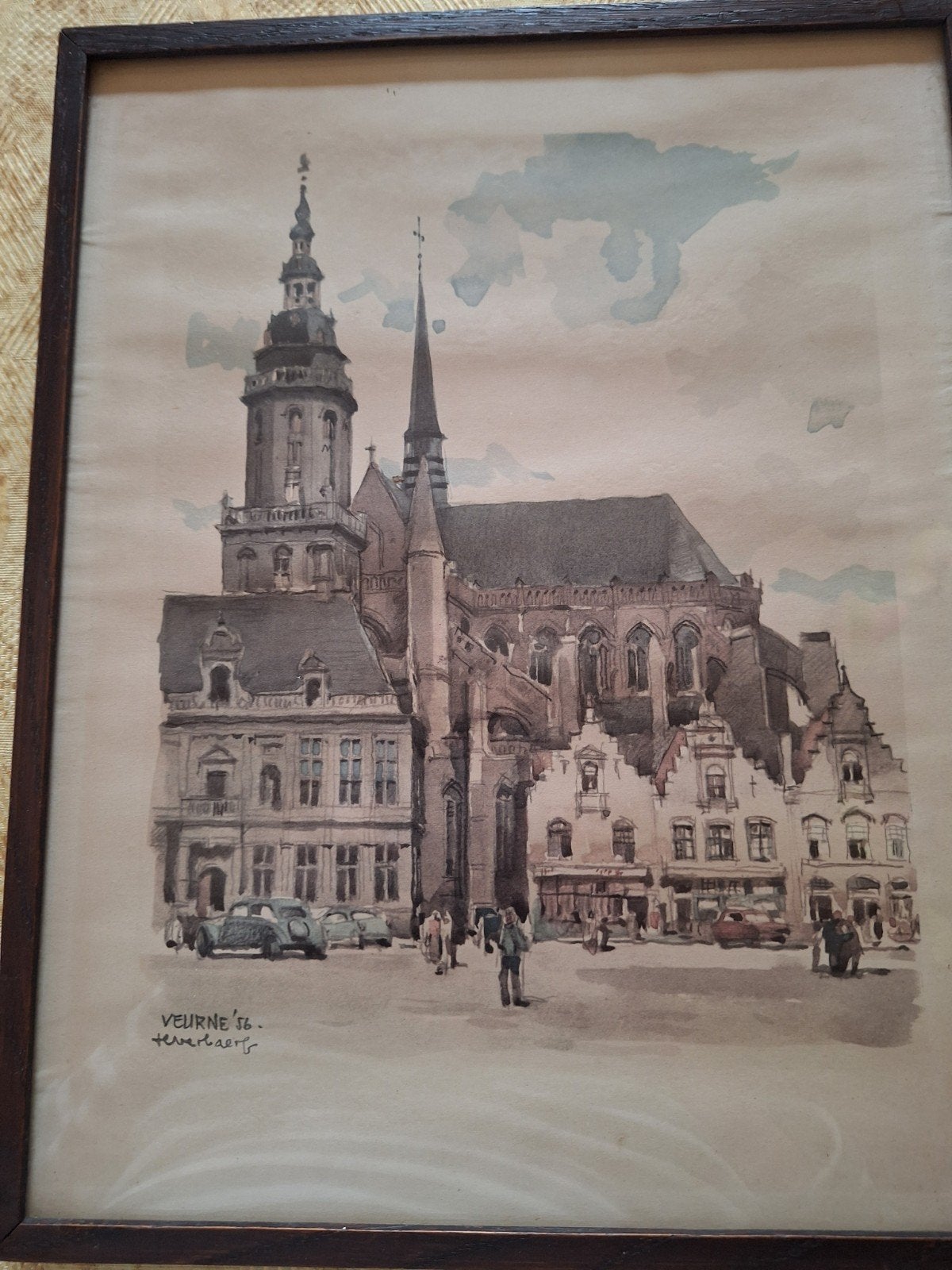 Aquarel van de grote markt te Veurne 1956, Antiek en Kunst, Kunst | Tekeningen en Fotografie, Ophalen