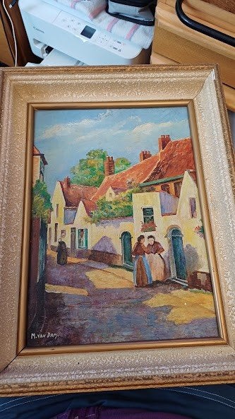 Peinture signée M. Van Dam - Bruges, Œuvre originale, Enlèvement, Paysage urbain / rural, Toile
