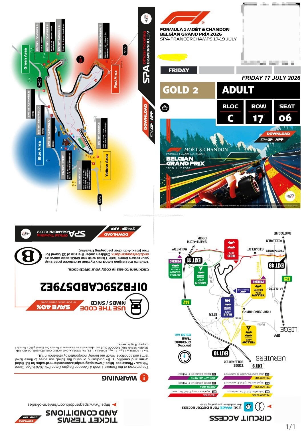 Billet F1- Spa Francorchamps, Une personne