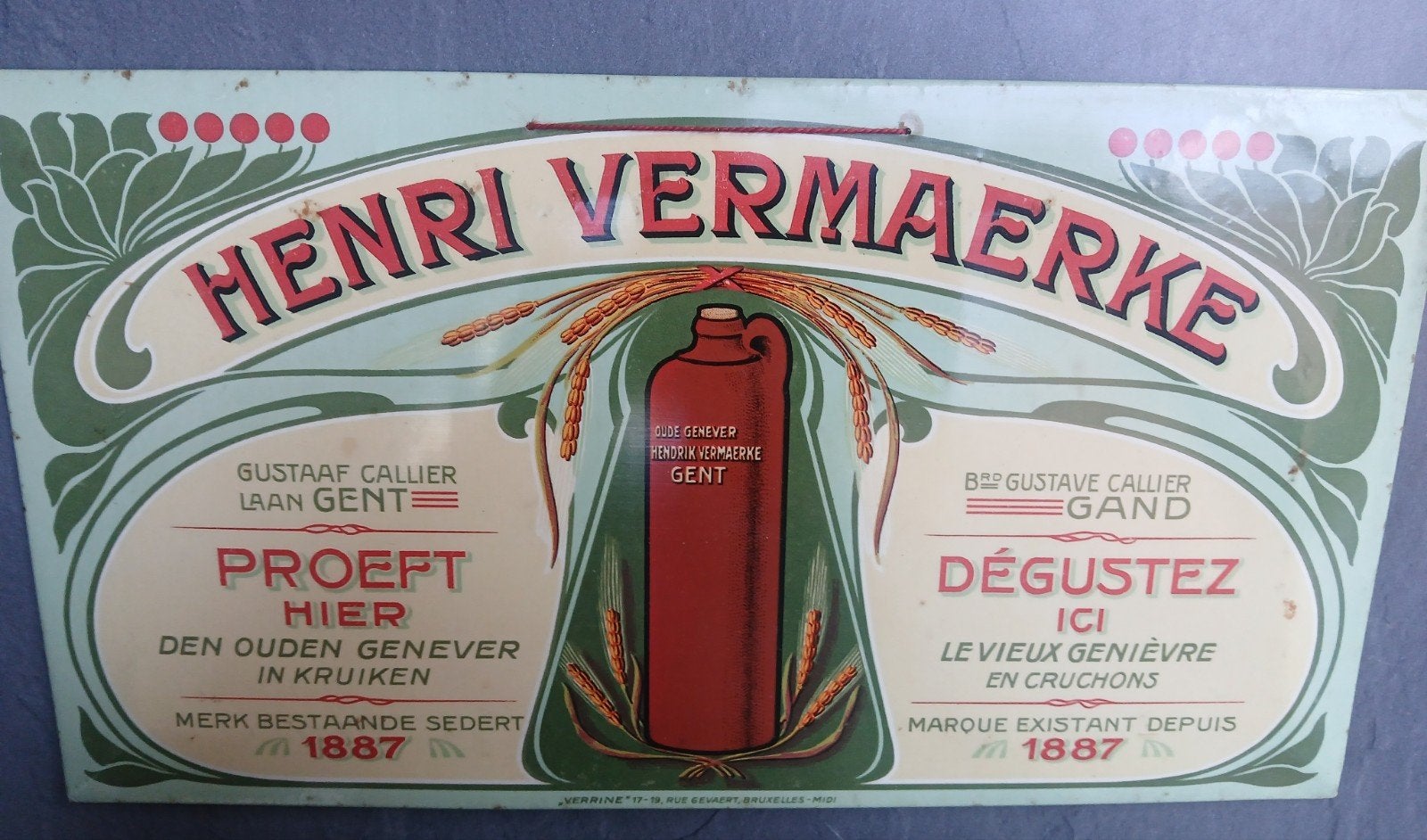 Zeer oud blikken bordje henri vermaerke .gent ..oude jenever, Verzamelen, Ophalen