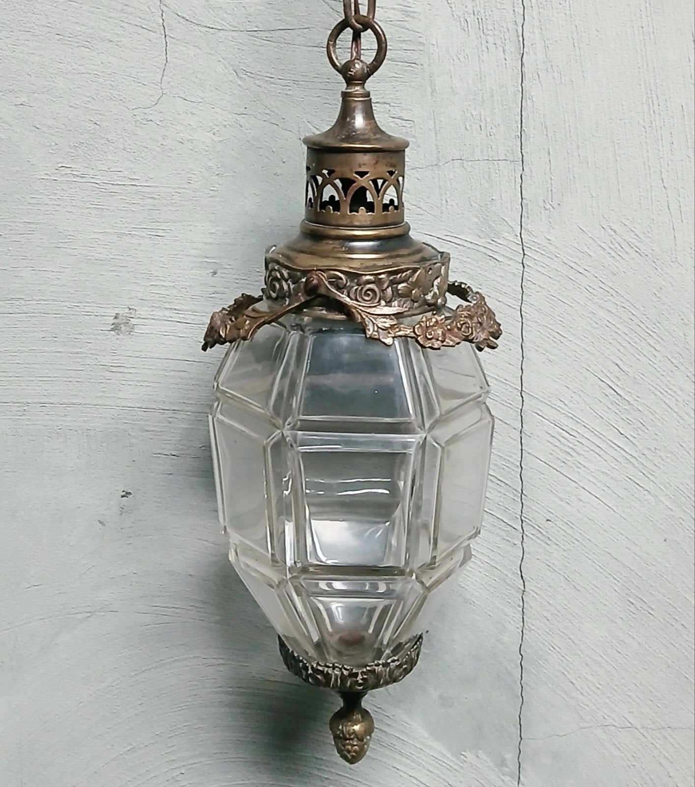 Antieke hanglantaarn in geslepen glas en brons, sty, Ophalen of Verzenden, Glas
