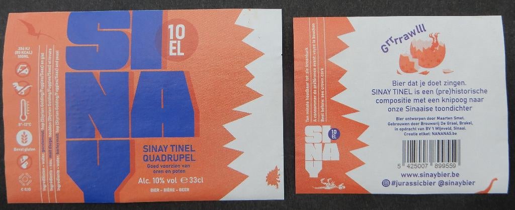 Étiquette de bière Sinay Tinel Quadrupel Bras. De Graal 12s9, Envoi, Utilisé