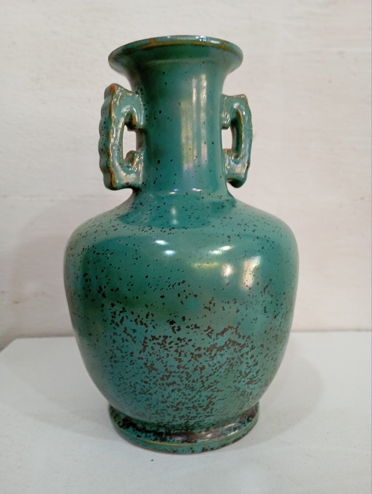 Chinese Celadon Vase with Handles – Turquoise Green Glaze –, Ophalen of Verzenden
