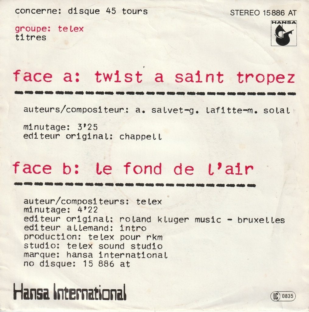Telex - Twist à Saint Tropez - Belpop, 7 inch, Pochette photo, Utilisé, Pop