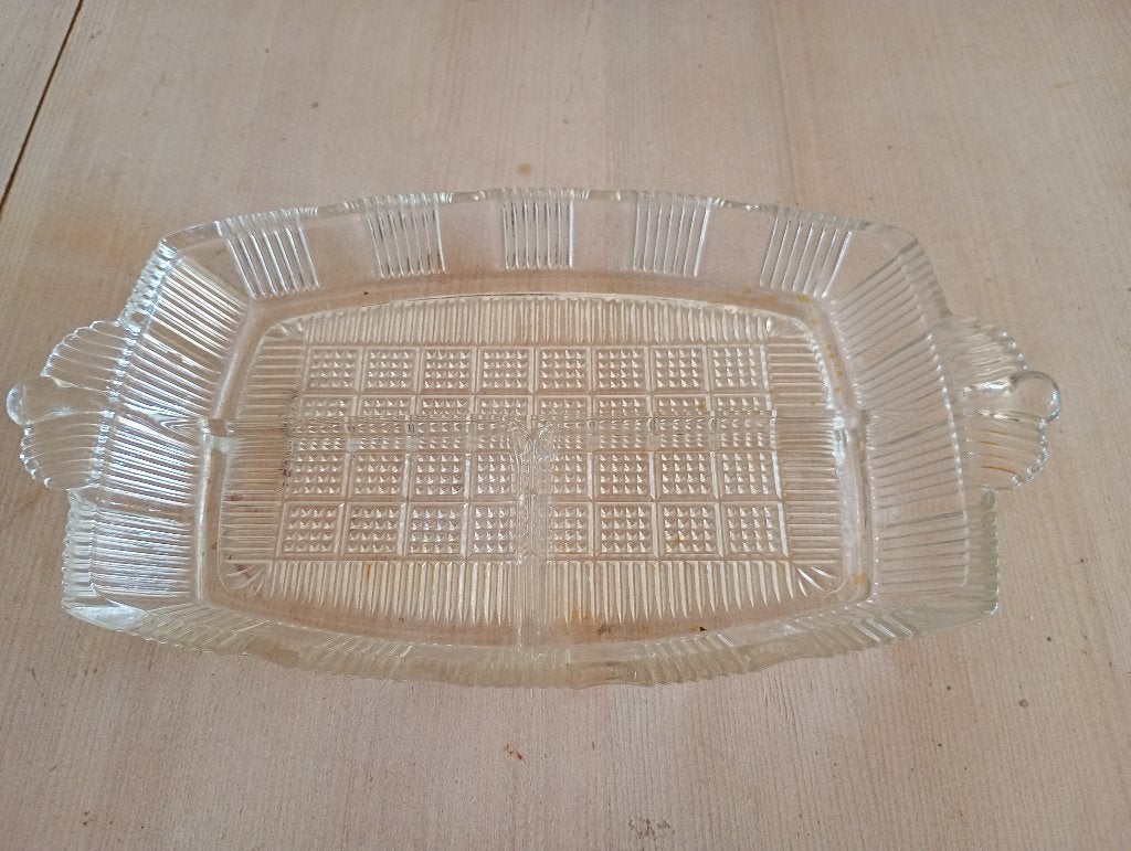 Petit plat ancien en verre aux motifs géométriques, Ophalen of Verzenden