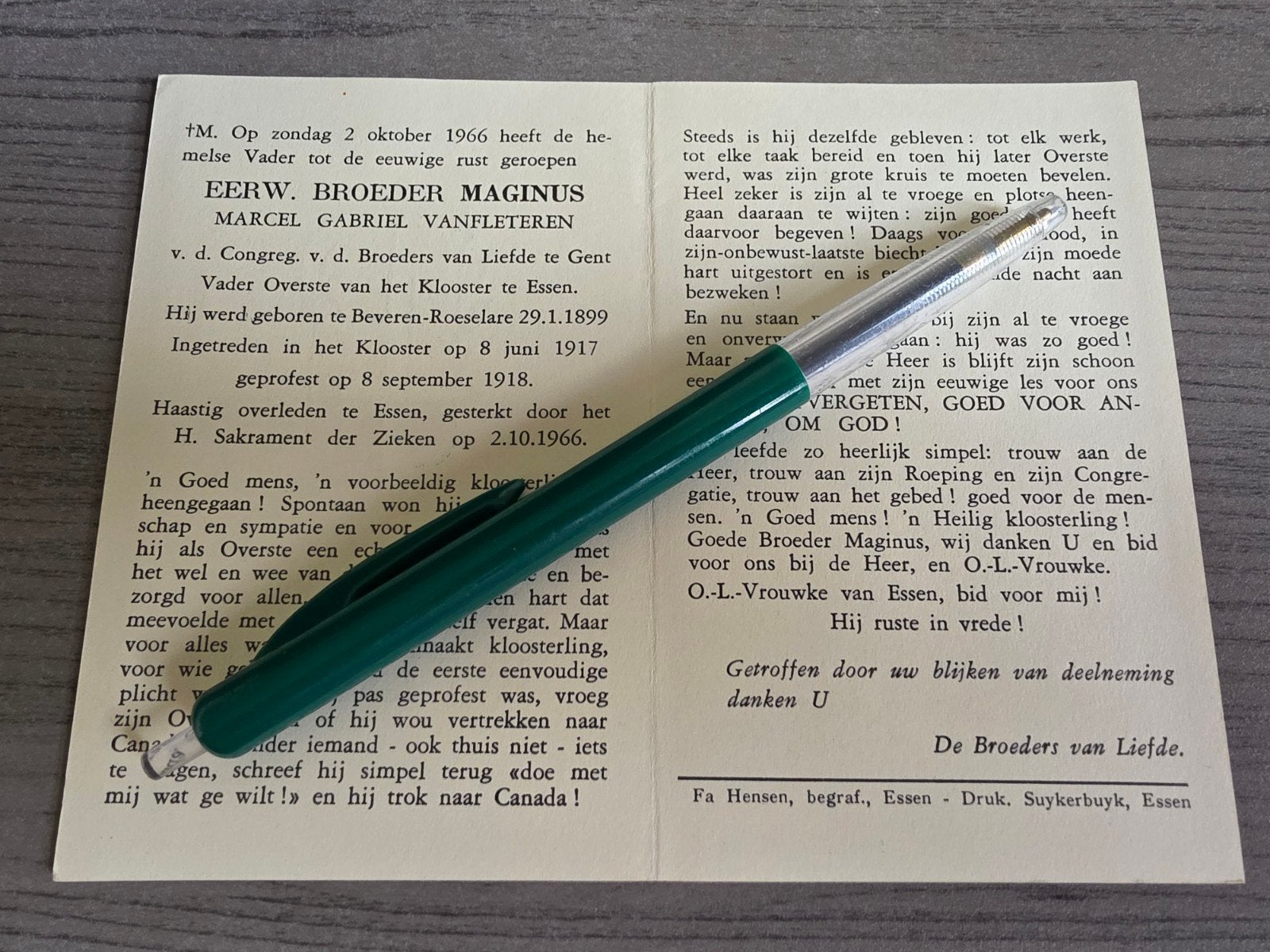 Broeder Maginus Klooster Essen Beveren-Roeselare vanfleteren, Verzamelen, Bidprentjes en Rouwkaarten, Ophalen of Verzenden
