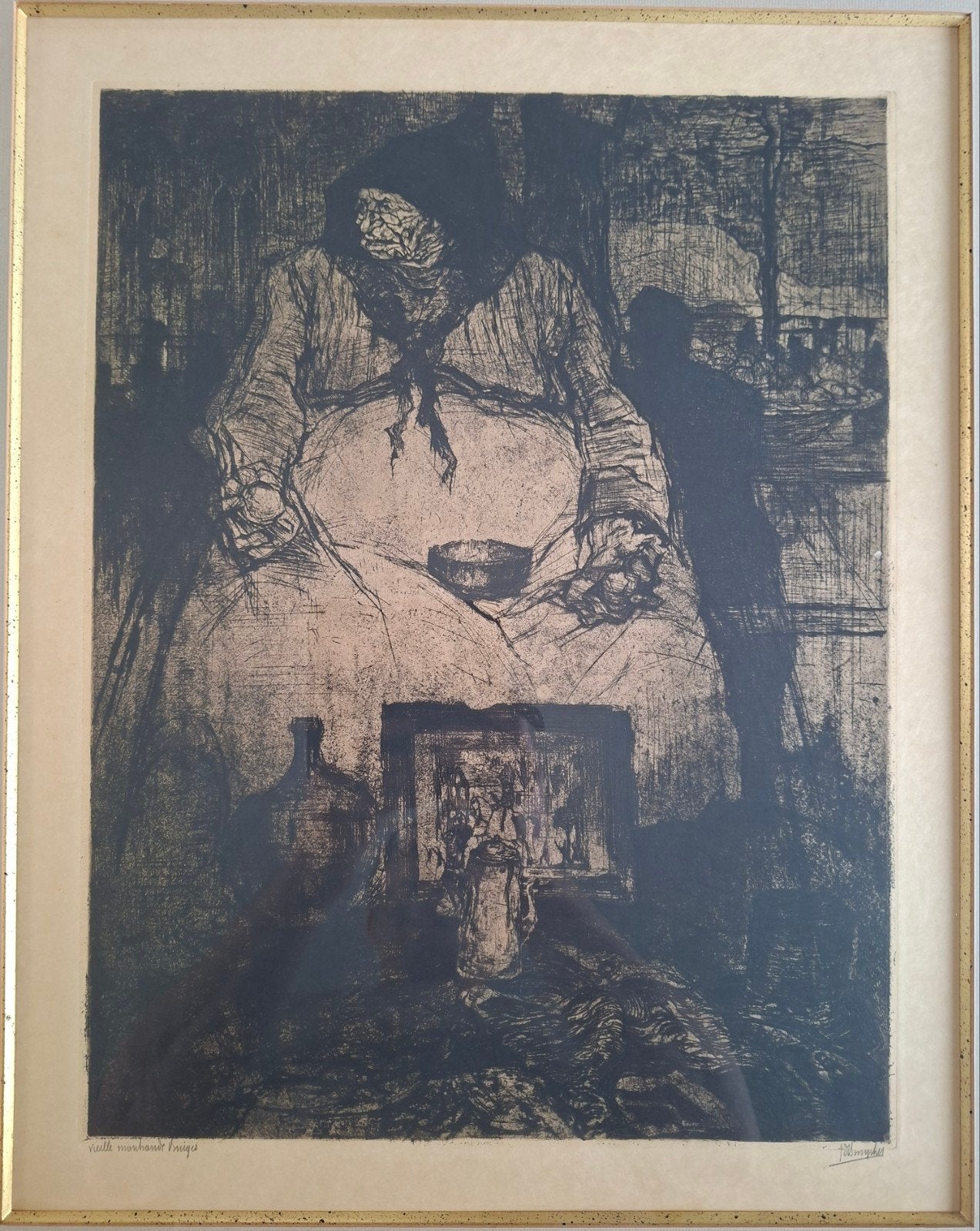 DE BRUYCKER Jules "Vieille marchande Bruges" ets, Antiek en Kunst, Ophalen, Ets, Ingelijst